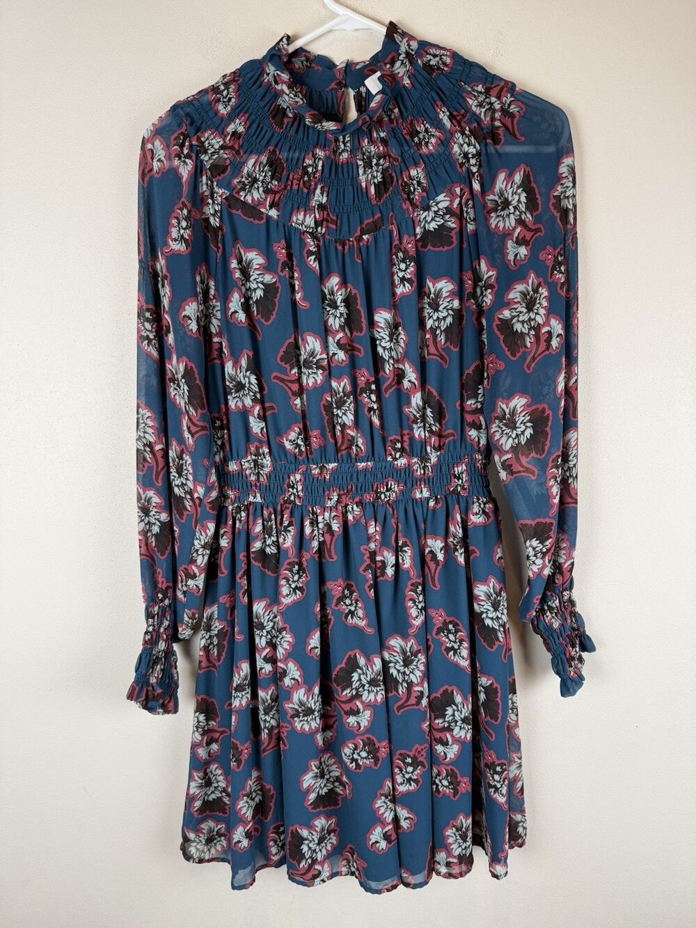 Peter Som Floral Pop Art Smoked Dress Long Sleeve Chiffon Smocked Mini Sz 0